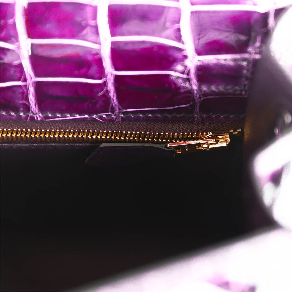 Hermes Kelly Sellier 25 Aubergine Shiny Niloticus Crocodile Gold Hardware - Exclusu