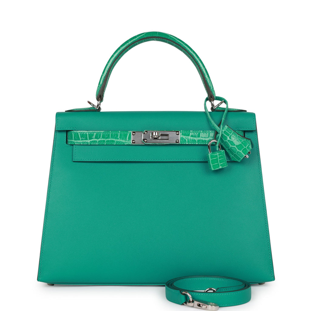 Hermes Kelly Sellier 28 Vert Verone Madame and Shiny Niloticus Crocodile Touch Palladium Hardware - Exclusu