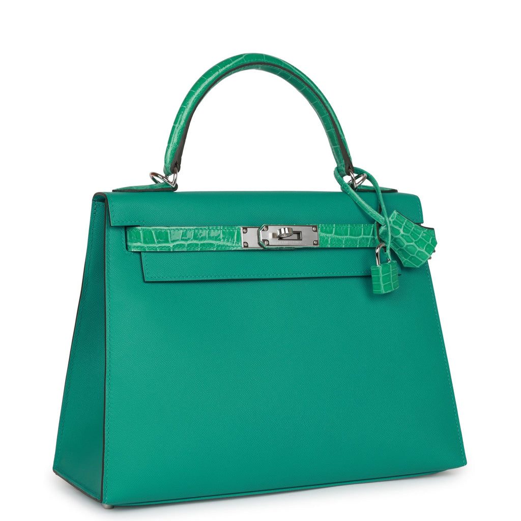 Hermes Kelly Sellier 28 Vert Verone Madame and Shiny Niloticus Crocodile Touch Palladium Hardware - Exclusu