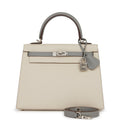 Hermes Special Order (HSS) Kelly Sellier 25 Craie and Gris Mouette Epsom Brushed Palladium Hardware - Exclusu