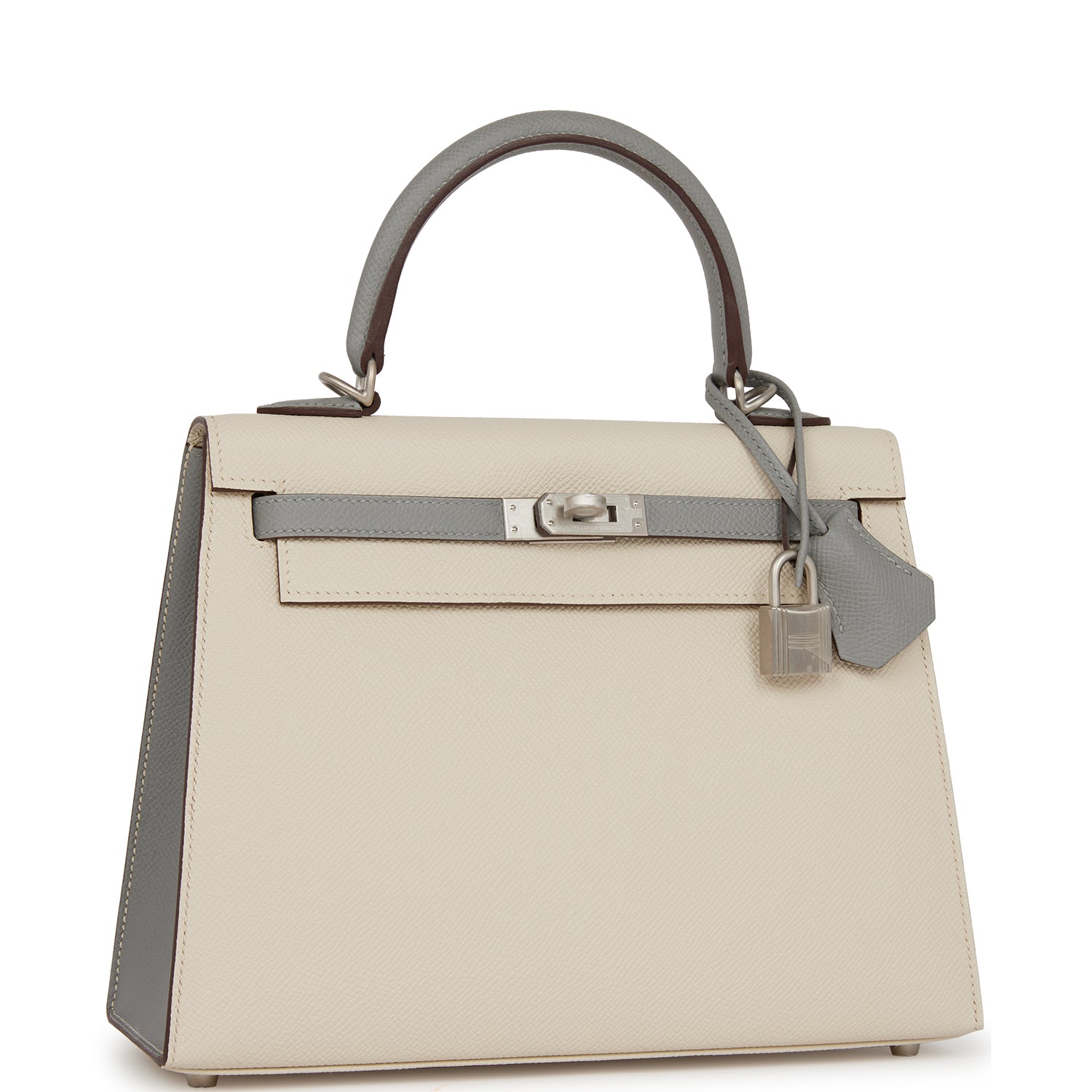 Hermes Special Order (HSS) Kelly Sellier 25 Craie and Gris Mouette Epsom Brushed Palladium Hardware - Exclusu