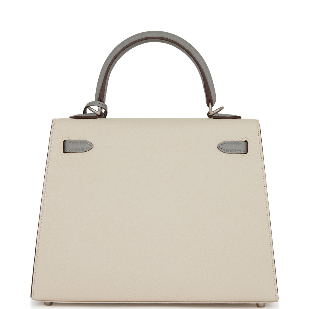 Hermes Special Order (HSS) Kelly Sellier 25 Craie and Gris Mouette Epsom Brushed Palladium Hardware - Exclusu