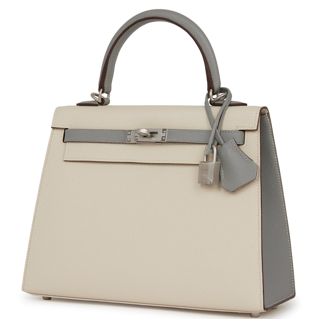 Hermes Special Order (HSS) Kelly Sellier 25 Craie and Gris Mouette Epsom Brushed Palladium Hardware - Exclusu