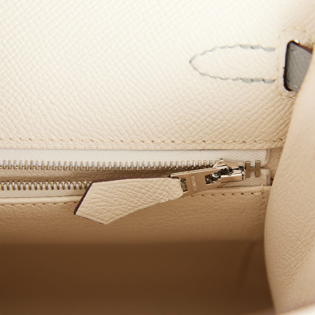 Hermes Special Order (HSS) Kelly Sellier 25 Craie and Gris Mouette Epsom Brushed Palladium Hardware - Exclusu