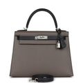 Hermes Special Order (HSS) Kelly Sellier 28 Etain and Black Epsom Brushed Palladium Hardware - Exclusu