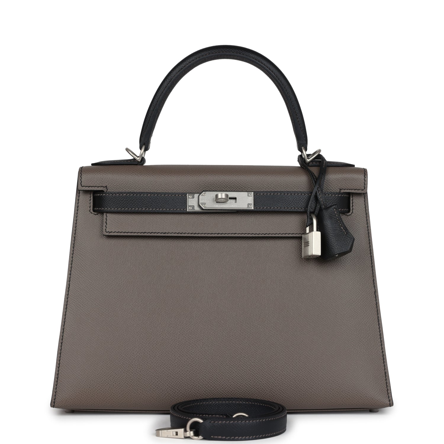 Hermes Special Order (HSS) Kelly Sellier 28 Etain and Black Epsom Brushed Palladium Hardware - Exclusu