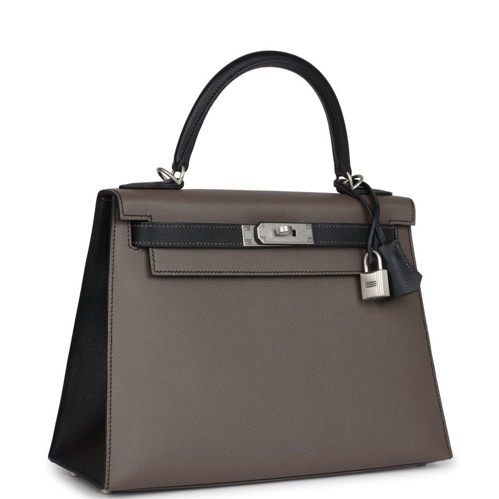Hermes Special Order (HSS) Kelly Sellier 28 Etain and Black Epsom Brushed Palladium Hardware - Exclusu