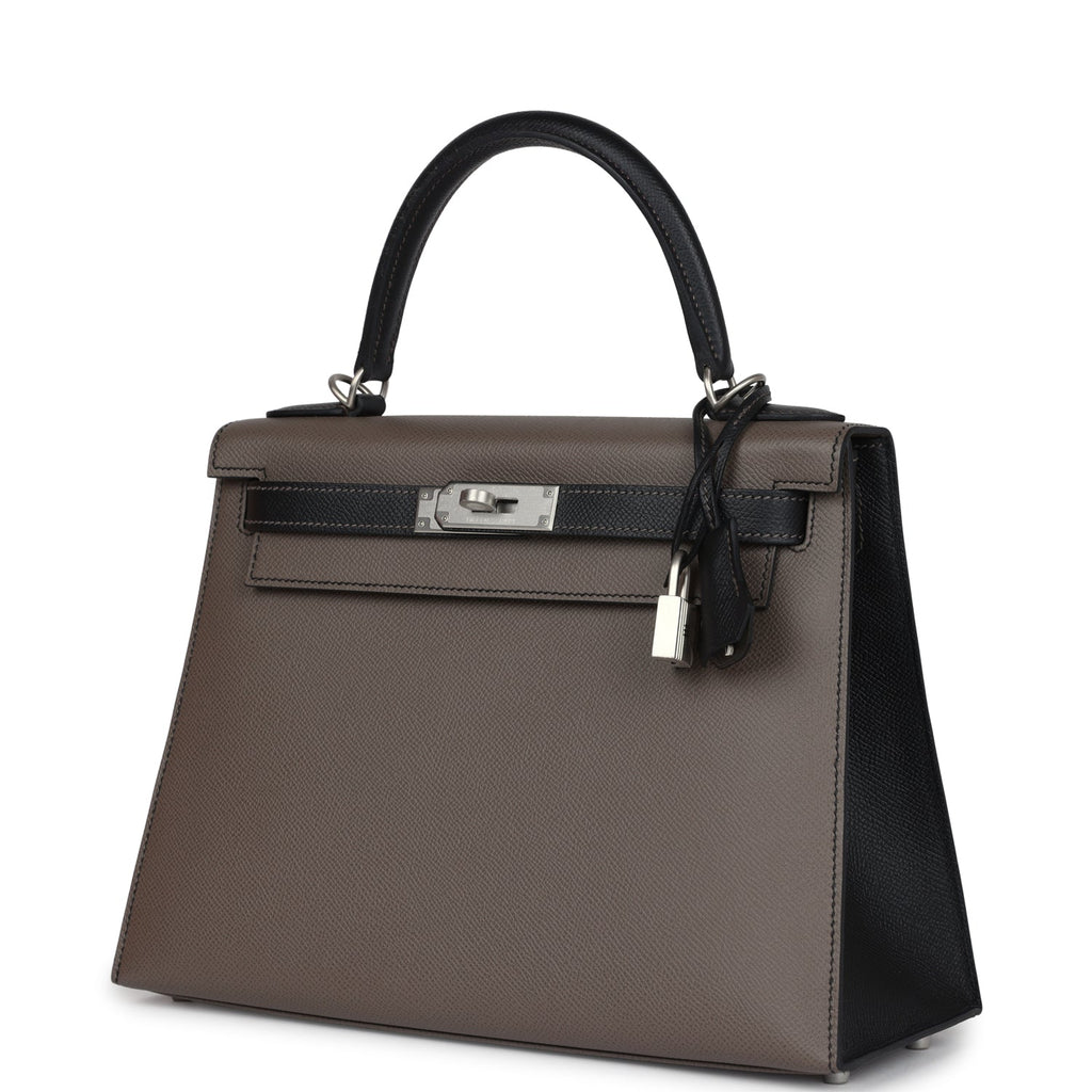 Hermes Special Order (HSS) Kelly Sellier 28 Etain and Black Epsom Brushed Palladium Hardware - Exclusu