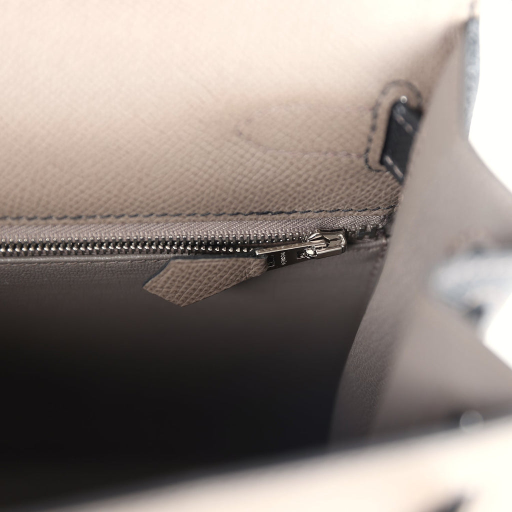 Hermes Special Order (HSS) Kelly Sellier 28 Etain and Black Epsom Brushed Palladium Hardware - Exclusu