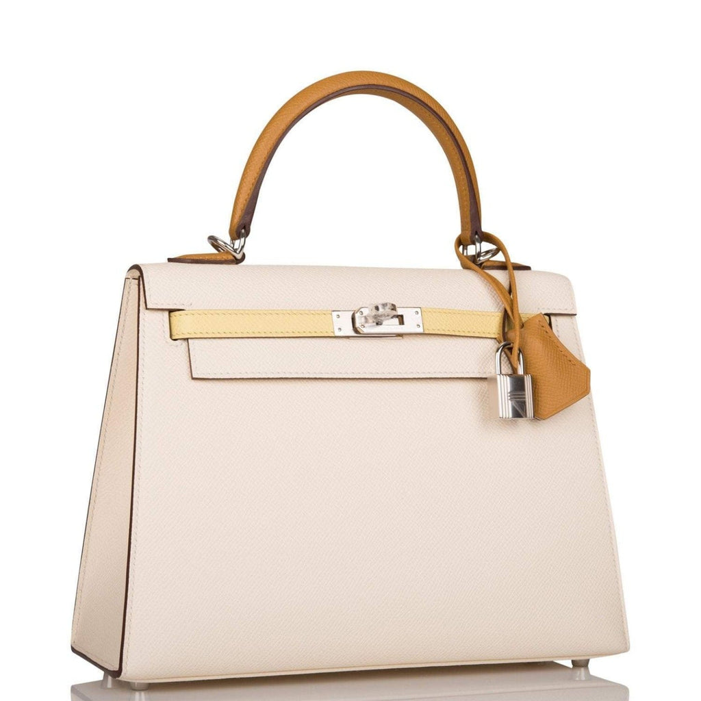 Hermes Kelly 25cm Epsom Sellier Tri-Color Nata, Jaune Poussin and Sesame Palladium Hardware