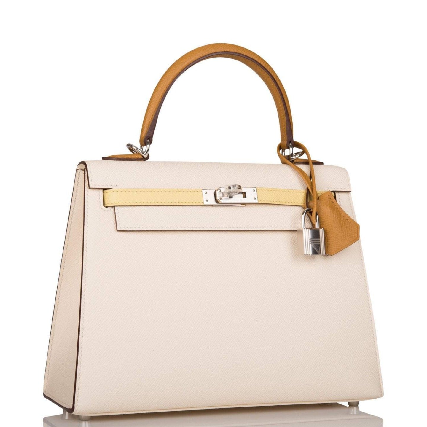 Hermes Kelly 25cm Epsom Sellier Tri-Color Nata, Jaune Poussin and Sesame Palladium Hardware