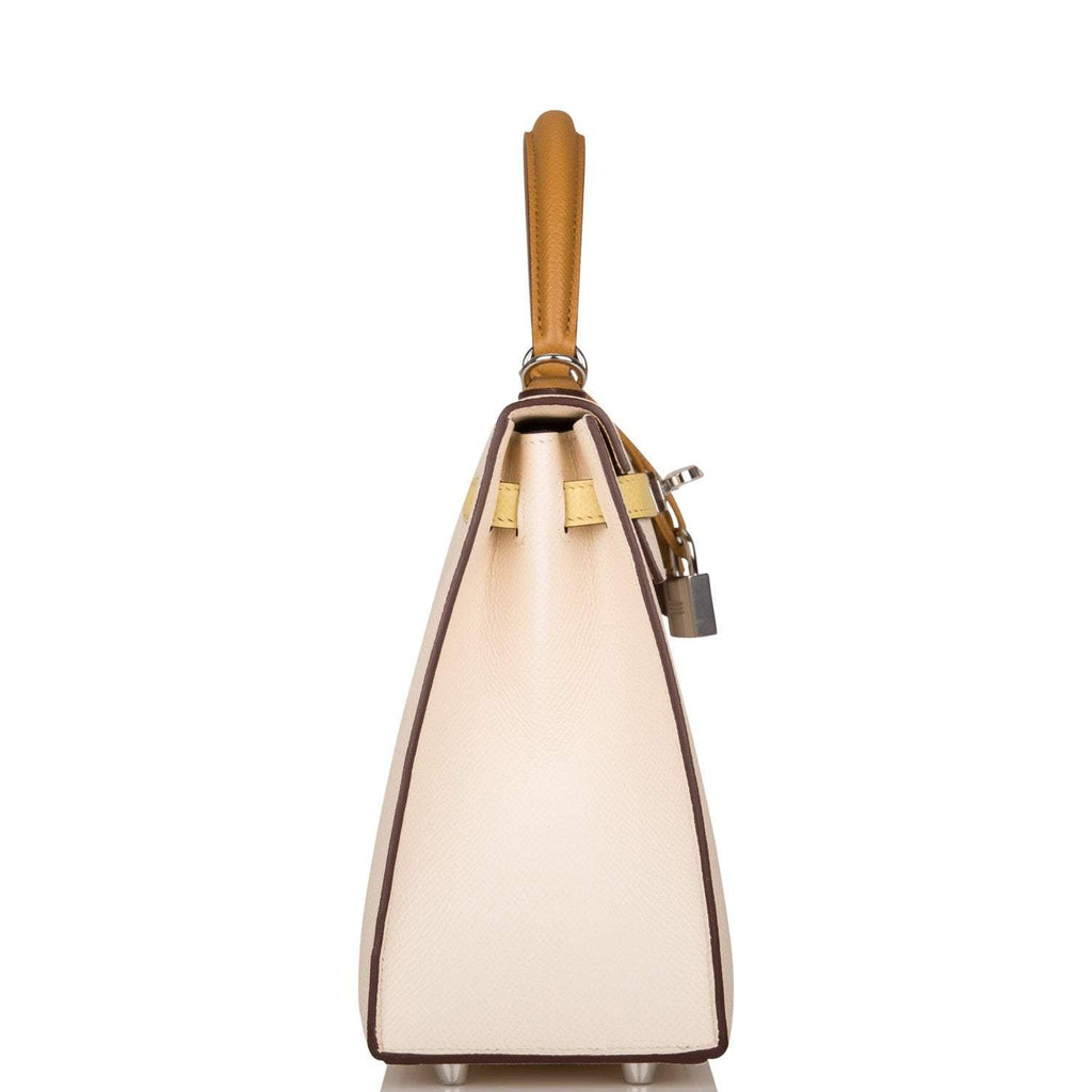 Hermes Kelly 25cm Epsom Sellier Tri-Color Nata, Jaune Poussin and Sesame Palladium Hardware