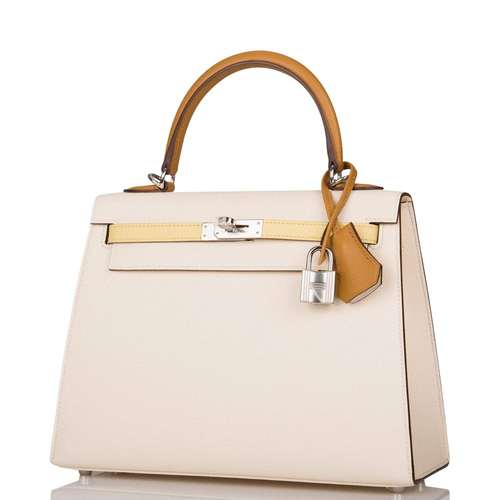 Hermes Kelly 25cm Epsom Sellier Tri-Color Nata, Jaune Poussin and Sesame Palladium Hardware