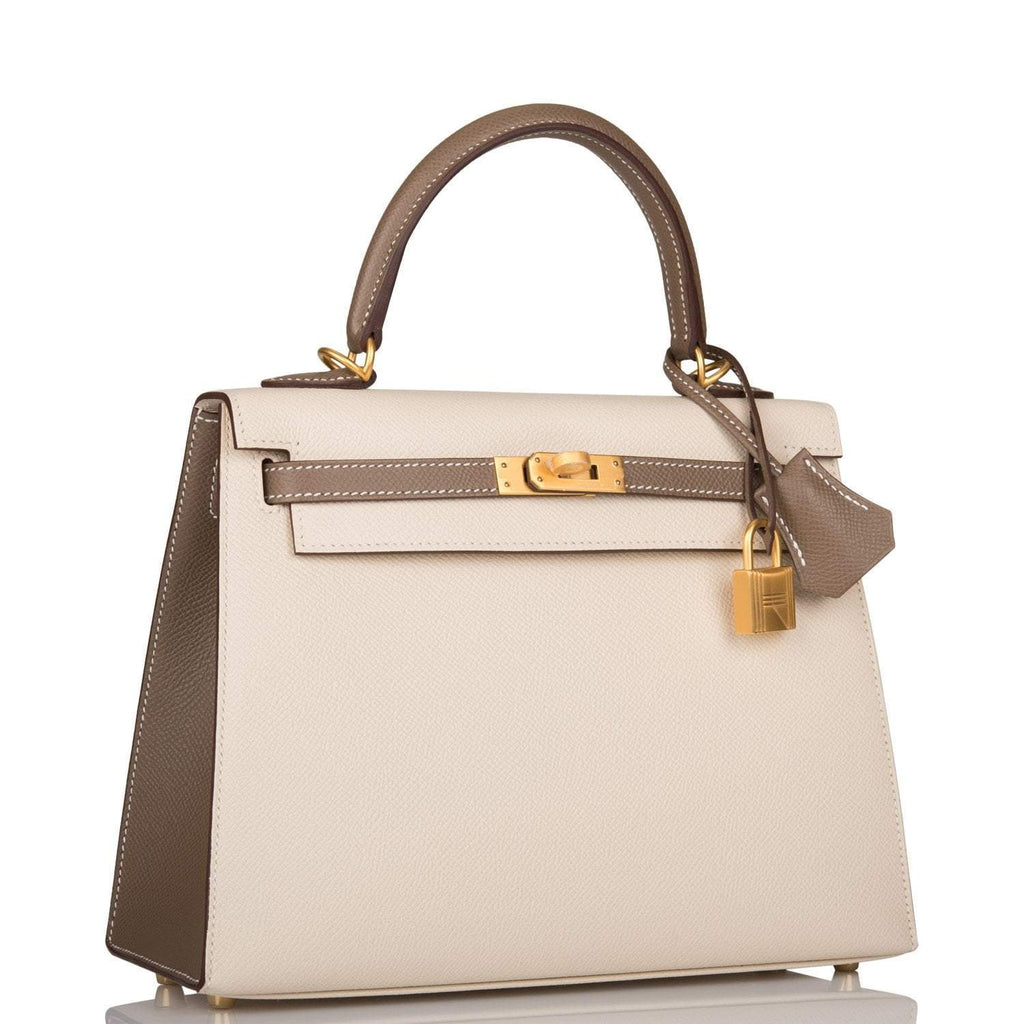 Hermes Kelly 25cm Bi-Color Craie and Etoupe Epsom Sellier  Brushed Gold Hardware