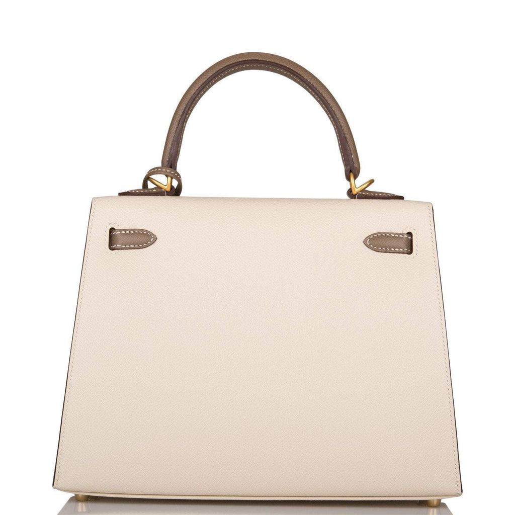Hermes Kelly 25cm Bi-Color Craie and Etoupe Epsom Sellier  Brushed Gold Hardware