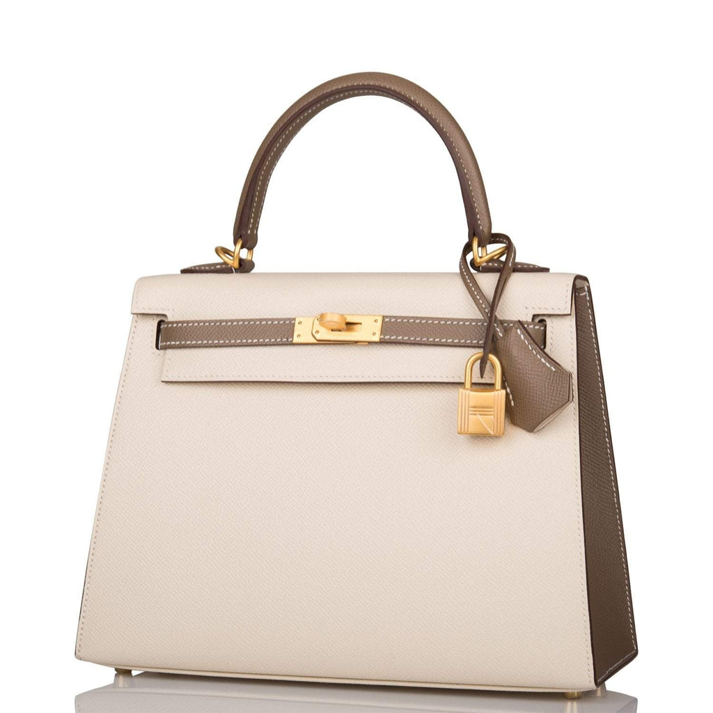 Hermes Kelly 25cm Bi-Color Craie and Etoupe Epsom Sellier  Brushed Gold Hardware