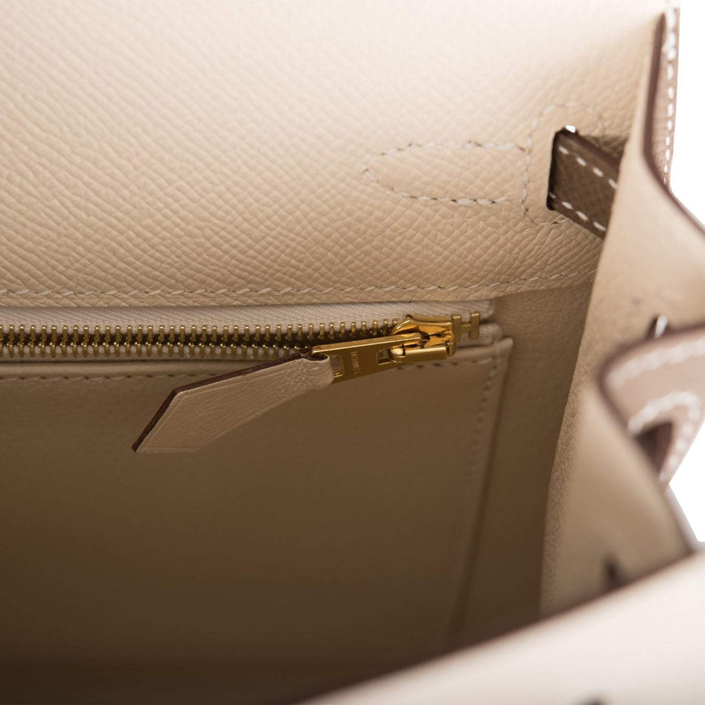 Hermes Kelly 25cm Bi-Color Craie and Etoupe Epsom Sellier  Brushed Gold Hardware