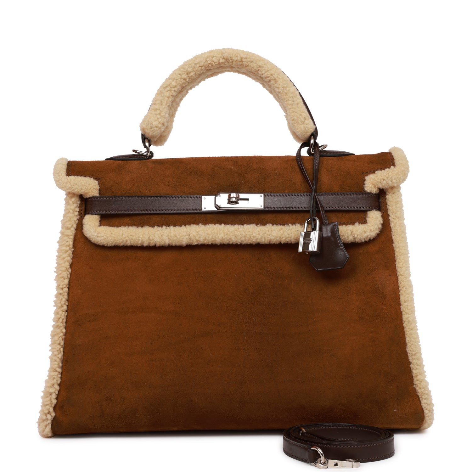 Hermes Teddy Kelly 35 Shearling and Ebene Barenia Palladium Hardware - Exclusu