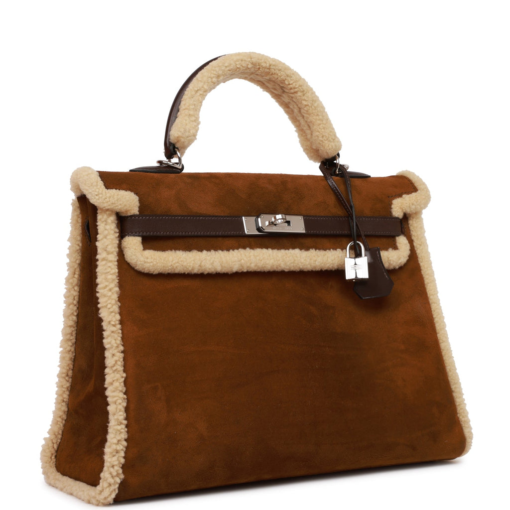 Hermes Teddy Kelly 35 Shearling and Ebene Barenia Palladium Hardware - Exclusu