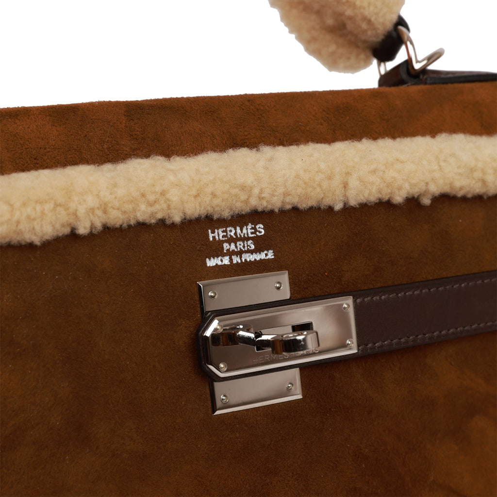 Hermes Teddy Kelly 35 Shearling and Ebene Barenia Palladium Hardware - Exclusu