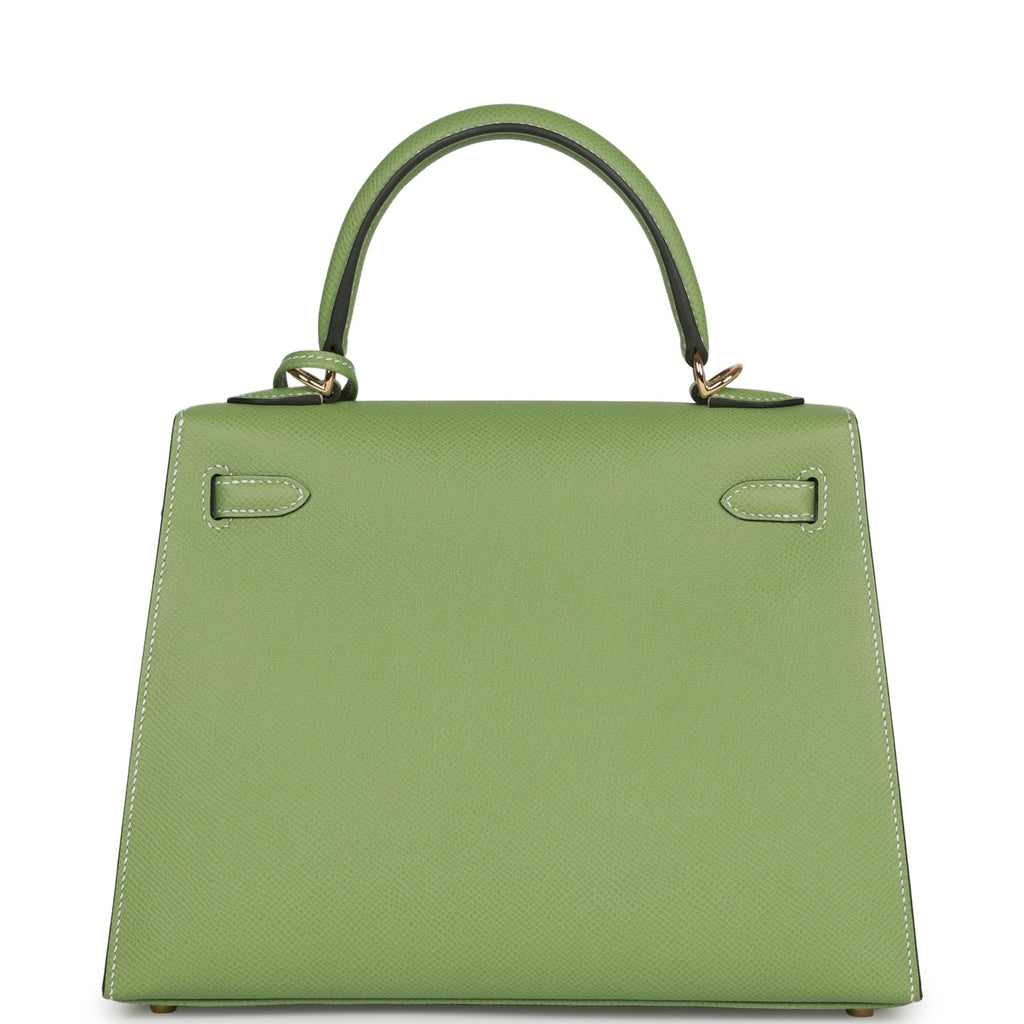 Hermes Kelly Sellier 25 Vert Criquet Epsom Permabrass Hardware - Exclusu