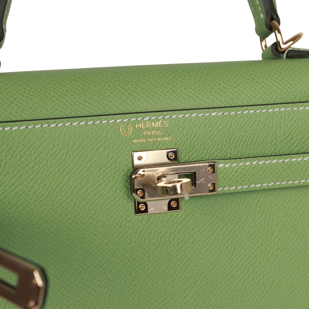 Hermes Kelly Sellier 25 Vert Criquet Epsom Permabrass Hardware - Exclusu