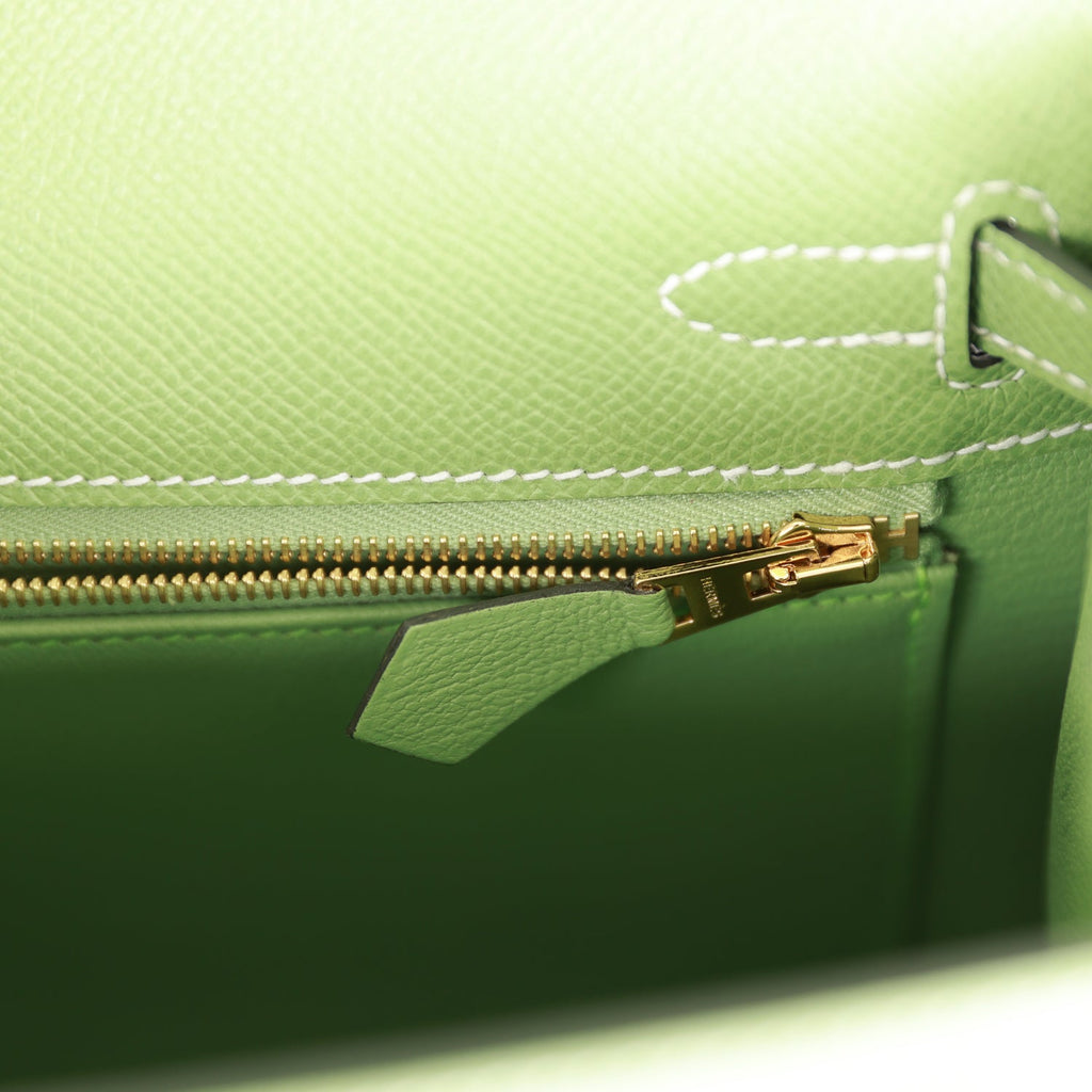 Hermes Kelly Sellier 25 Vert Criquet Epsom Permabrass Hardware - Exclusu