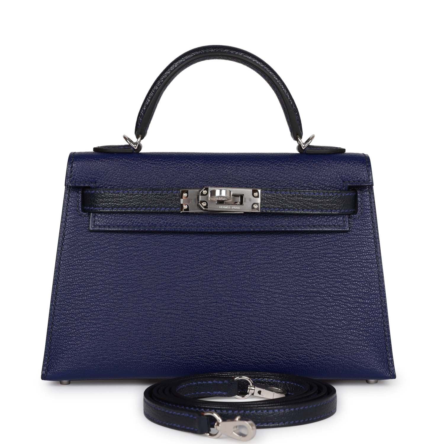 Hermes Special Order (HSS) Kelly Sellier 20 Bleu Encre and Bleu Indigo Chevre Mysore Palladium Hardware - Exclusu