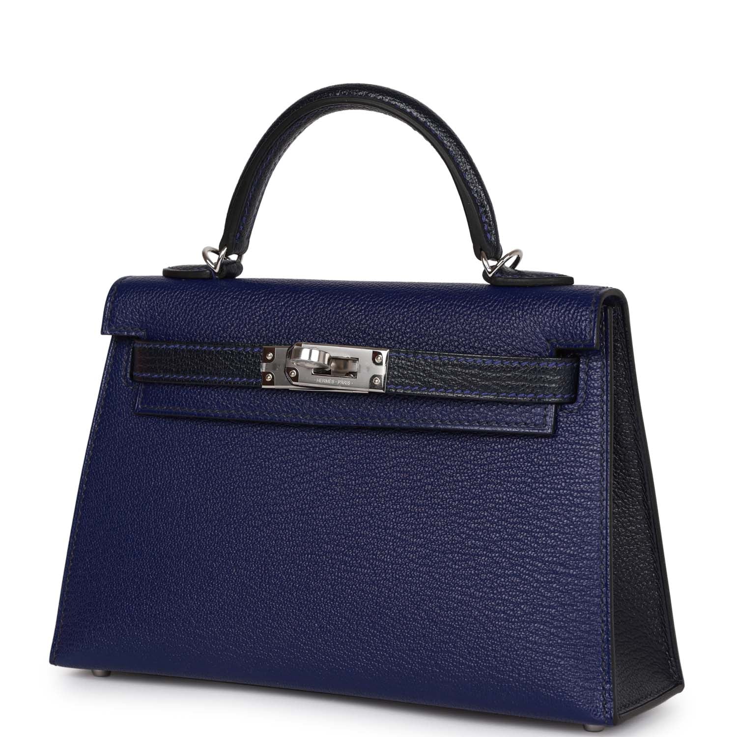 Hermes Special Order (HSS) Kelly Sellier 20 Bleu Encre and Bleu Indigo Chevre Mysore Palladium Hardware - Exclusu