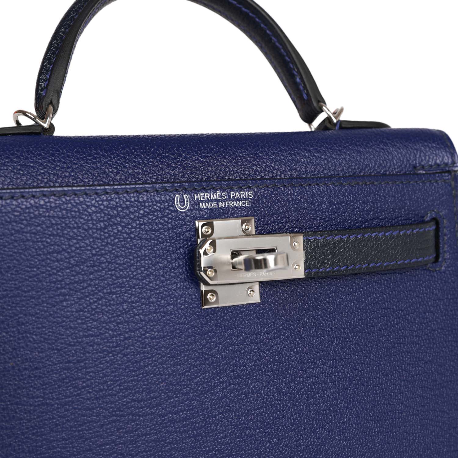 Hermes Special Order (HSS) Kelly Sellier 20 Bleu Encre and Bleu Indigo Chevre Mysore Palladium Hardware - Exclusu