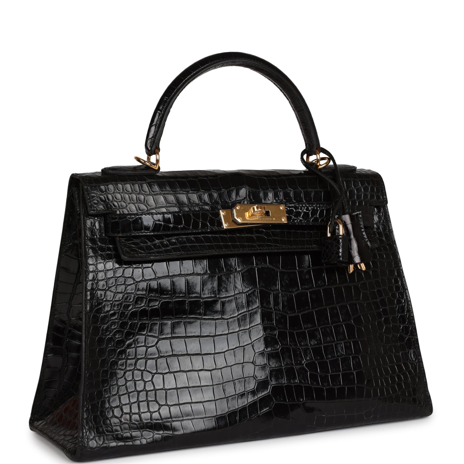 Hermes Kelly Sellier 32 Black Shiny Porosus Crocodile Gold Hardware - Exclusu