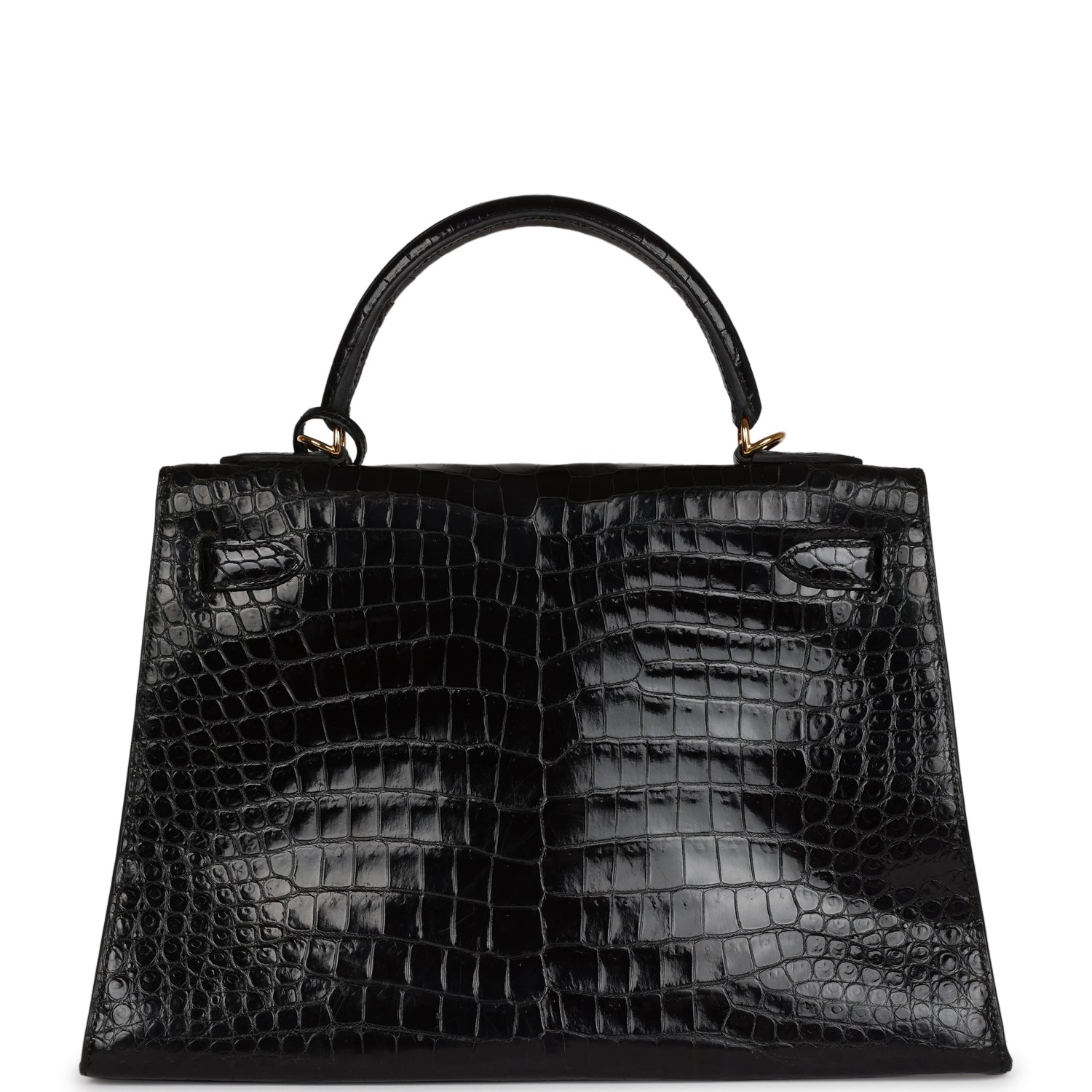 Hermes Kelly Sellier 32 Black Shiny Porosus Crocodile Gold Hardware - Exclusu