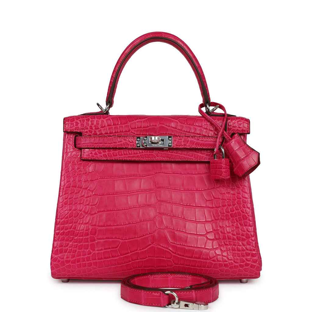 Hermes Kelly Retourne 25 Framboise Matte Alligator Palladium Hardware - Exclusu