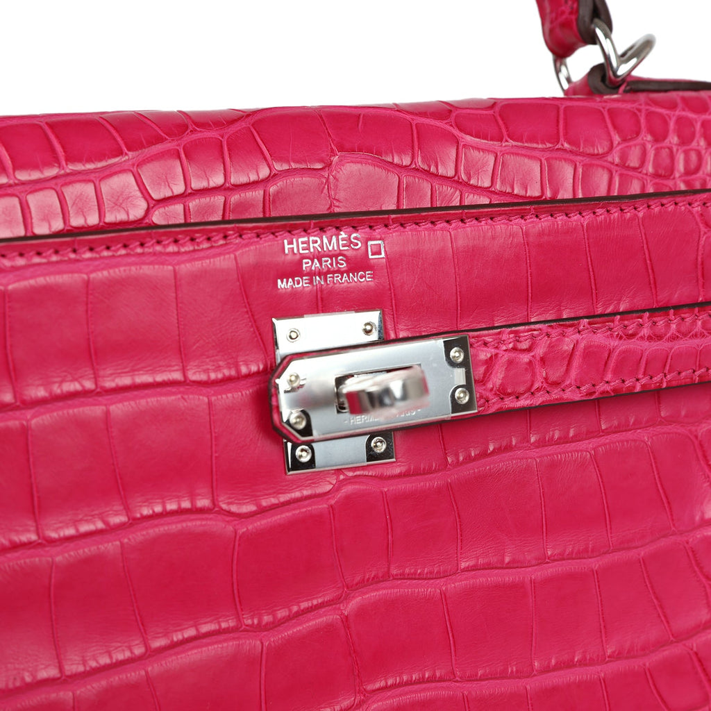 Hermes Kelly Retourne 25 Framboise Matte Alligator Palladium Hardware - Exclusu