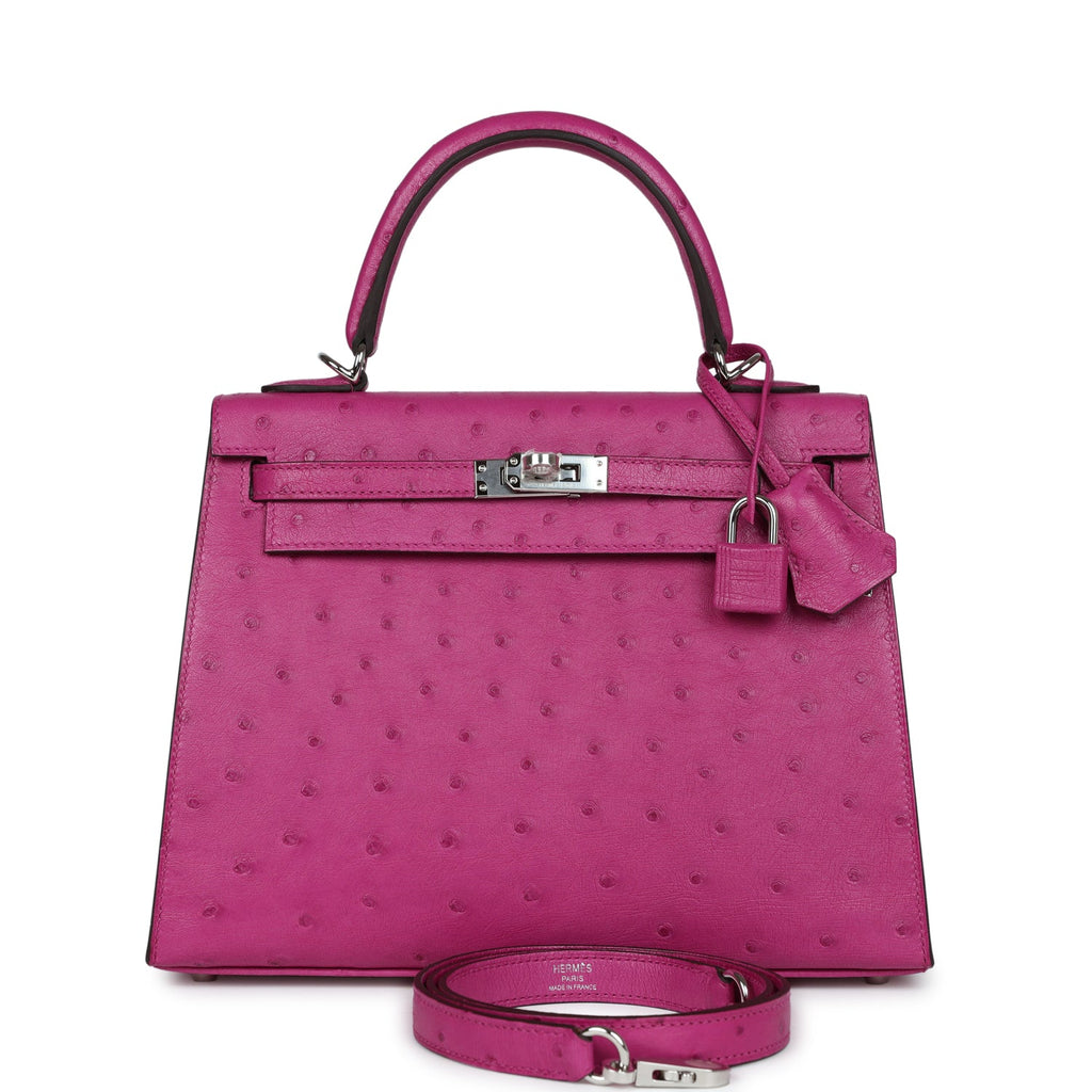 Hermes Kelly Sellier 25 Rose Pourpre Ostrich Palladium Hardware - Exclusu