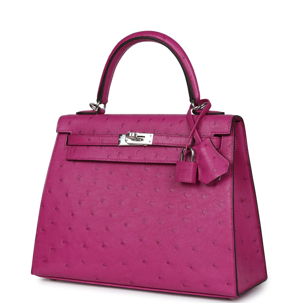 Hermes Kelly Sellier 25 Rose Pourpre Ostrich Palladium Hardware - Exclusu