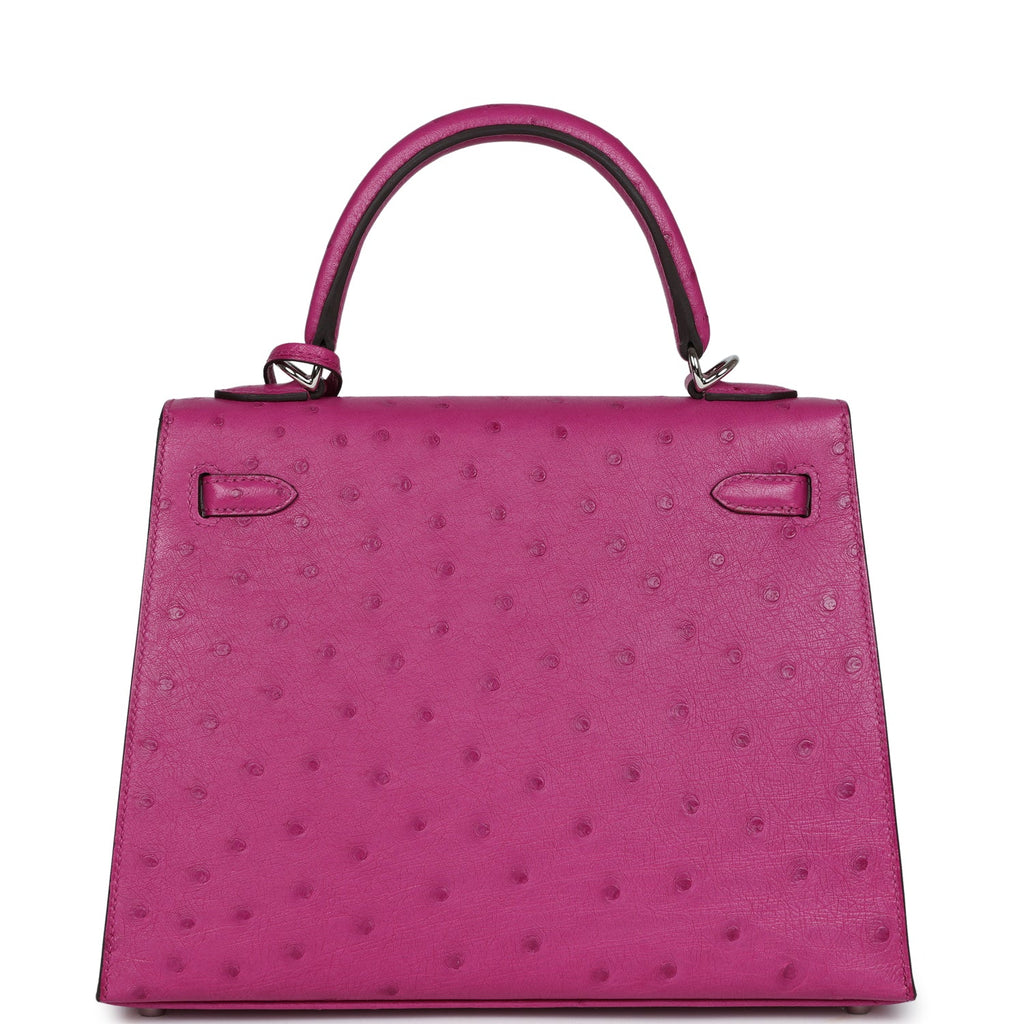Hermes Kelly Sellier 25 Rose Pourpre Ostrich Palladium Hardware - Exclusu
