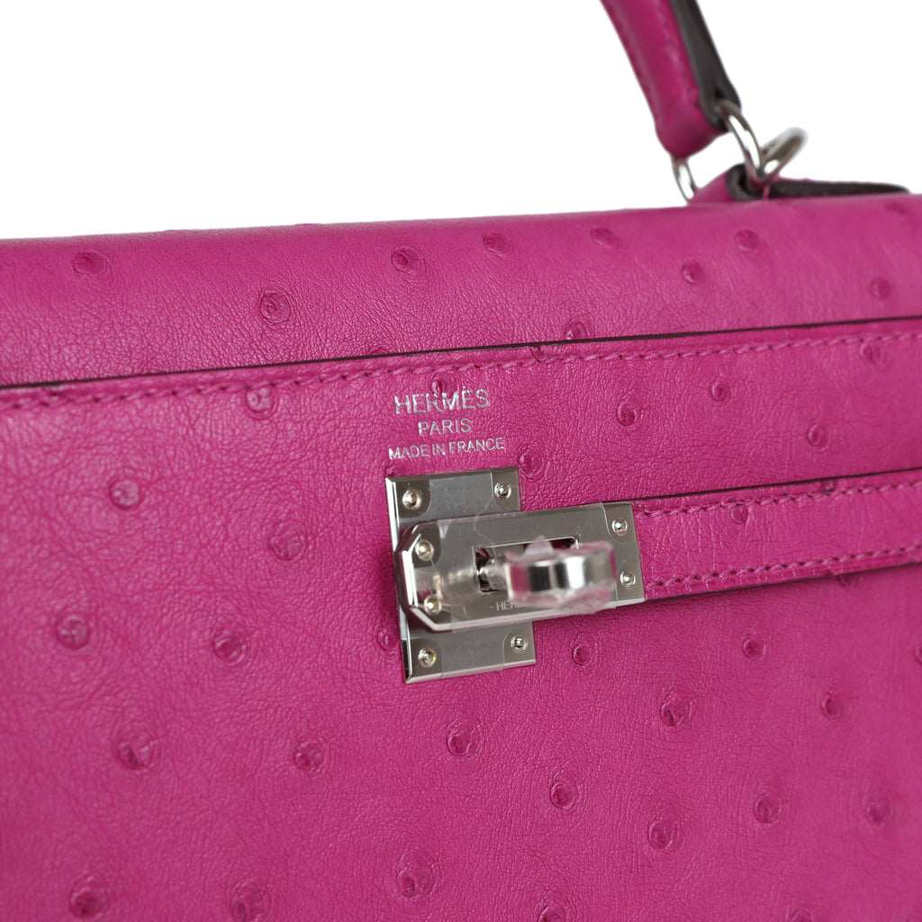 Hermes Kelly Sellier 25 Rose Pourpre Ostrich Palladium Hardware - Exclusu