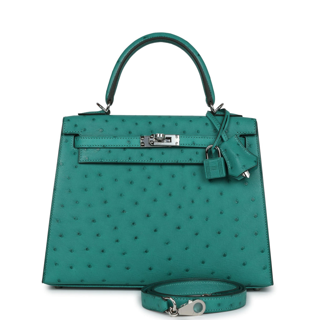 Hermes Kelly Sellier 25 Vert Verone Ostrich Palladium Hardware - Exclusu
