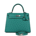 Hermes Kelly Sellier 25 Vert Verone Ostrich Palladium Hardware - Exclusu