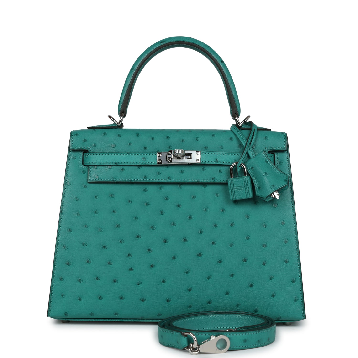 Hermes Kelly Sellier 25 Vert Verone Ostrich Palladium Hardware - Exclusu