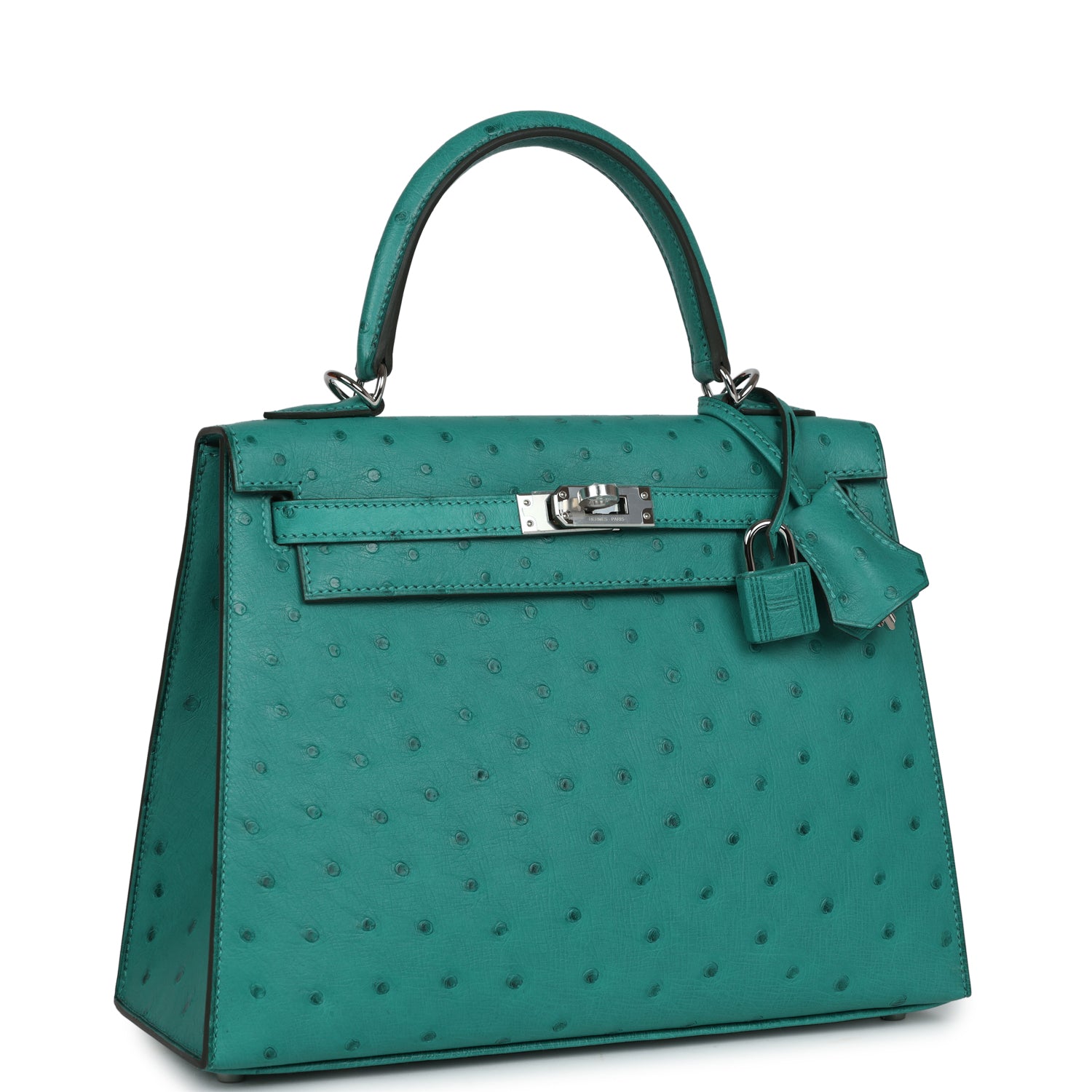 Hermes Kelly Sellier 25 Vert Verone Ostrich Palladium Hardware - Exclusu