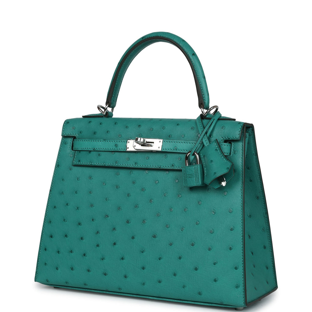 Hermes Kelly Sellier 25 Vert Verone Ostrich Palladium Hardware - Exclusu