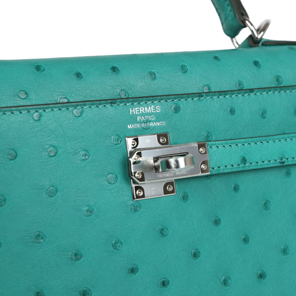 Hermes Kelly Sellier 25 Vert Verone Ostrich Palladium Hardware - Exclusu