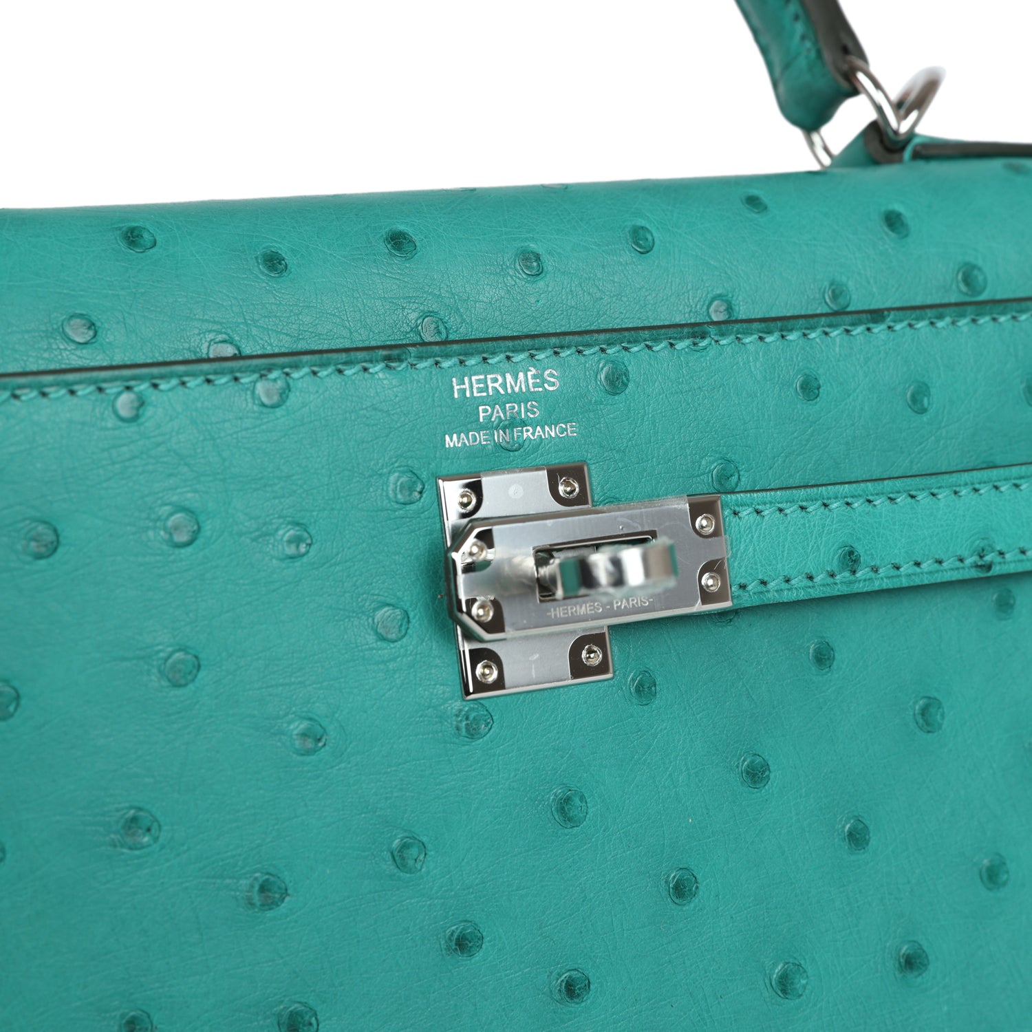 Hermes Kelly Sellier 25 Vert Verone Ostrich Palladium Hardware - Exclusu