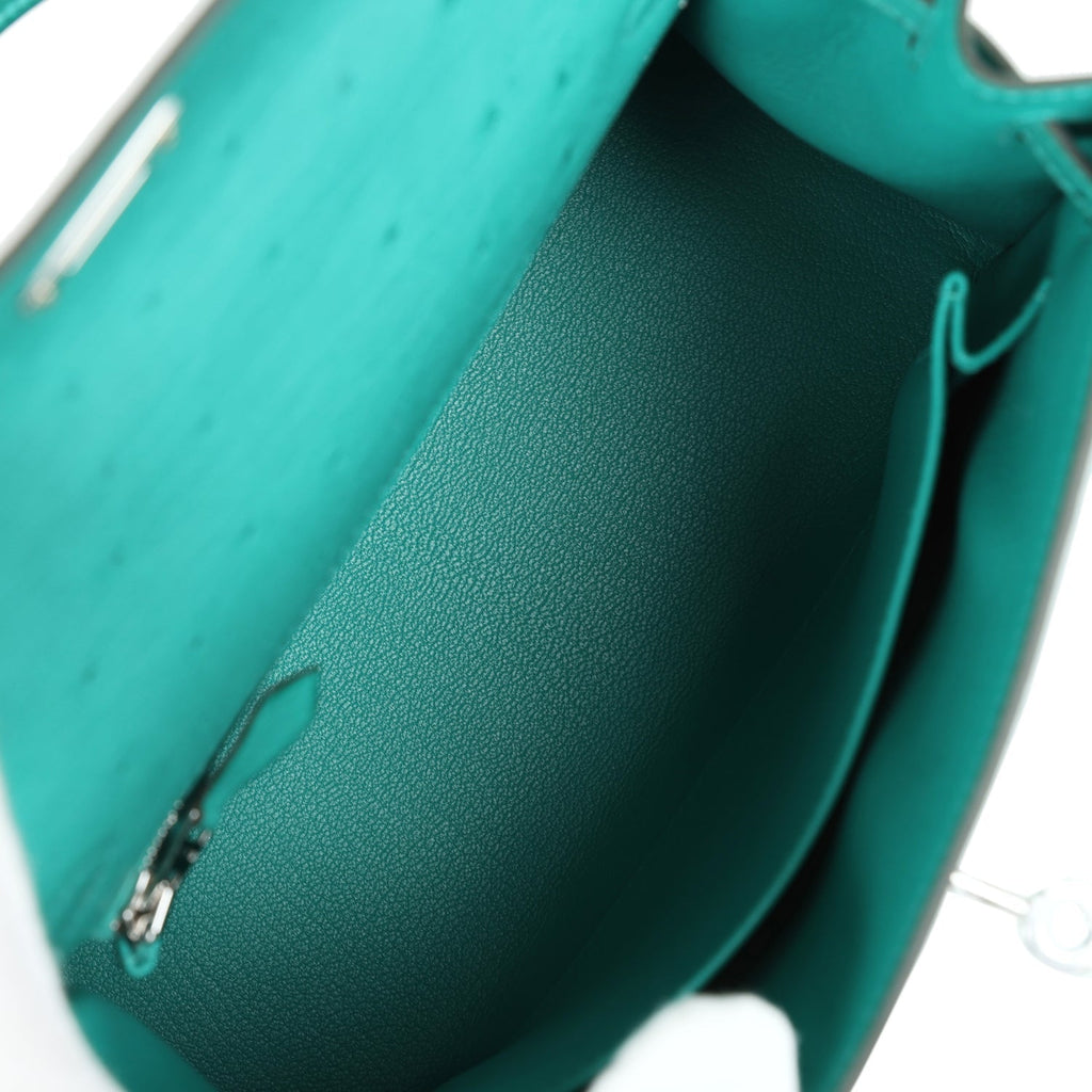 Hermes Kelly Sellier 25 Vert Verone Ostrich Palladium Hardware - Exclusu