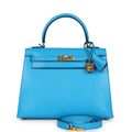 Hermes Kelly Sellier 25 Bleu Frida Chevre Gold Hardware - Exclusu
