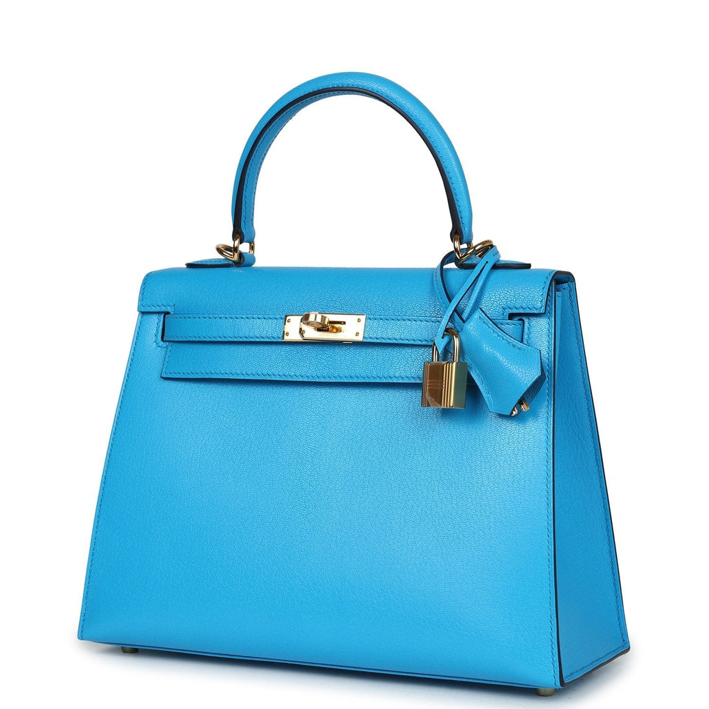 Hermes Kelly Sellier 25 Bleu Frida Chevre Gold Hardware - Exclusu