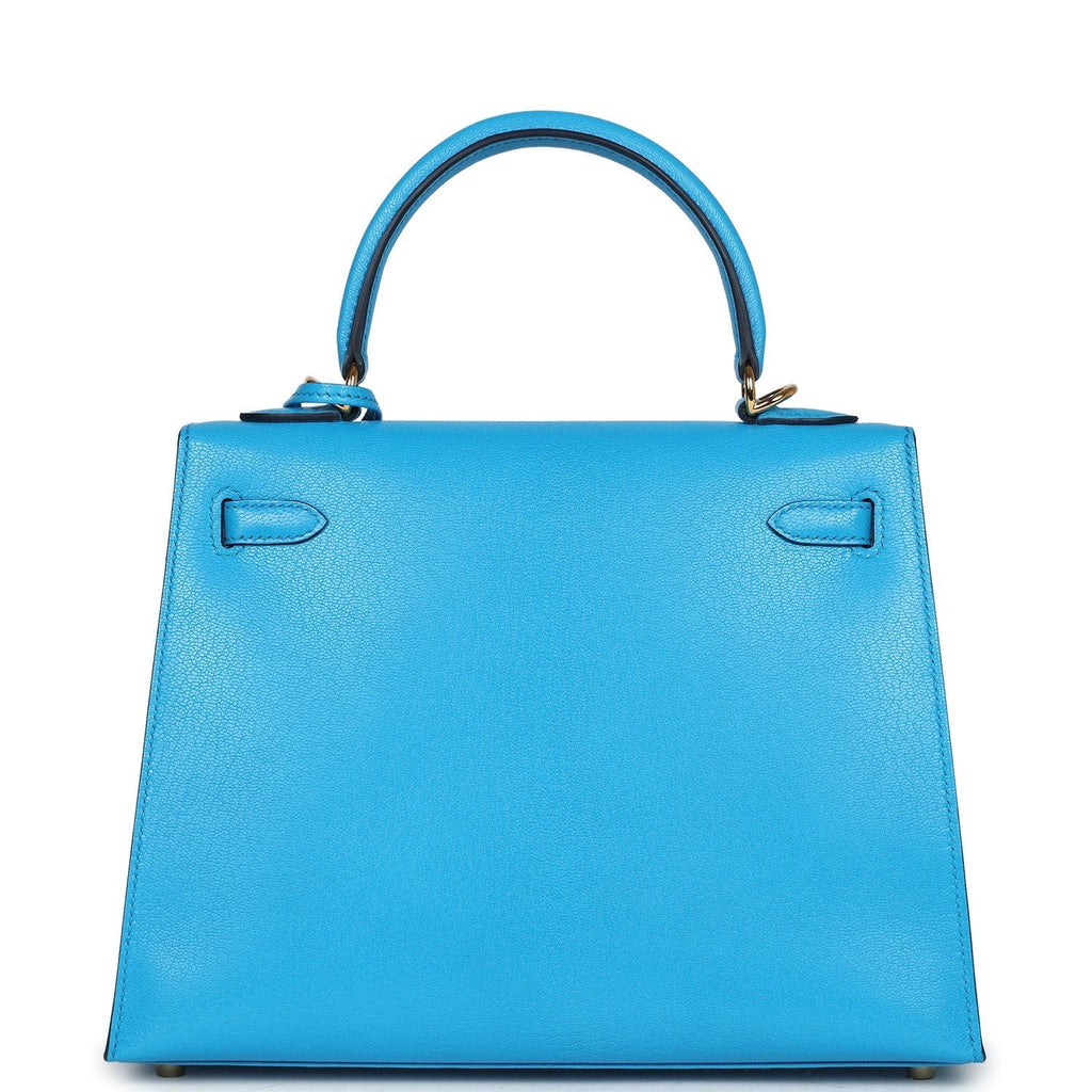 Hermes Kelly Sellier 25 Bleu Frida Chevre Gold Hardware - Exclusu