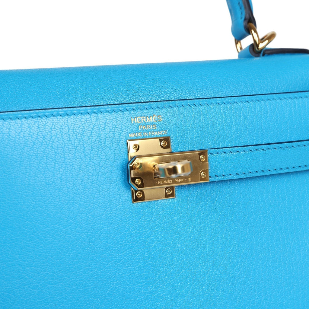 Hermes Kelly Sellier 25 Bleu Frida Chevre Gold Hardware - Exclusu